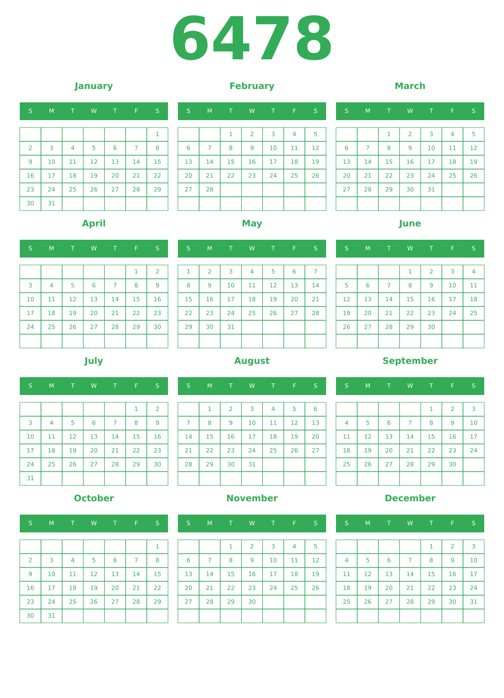 Printable 6478 Year Calendars green
