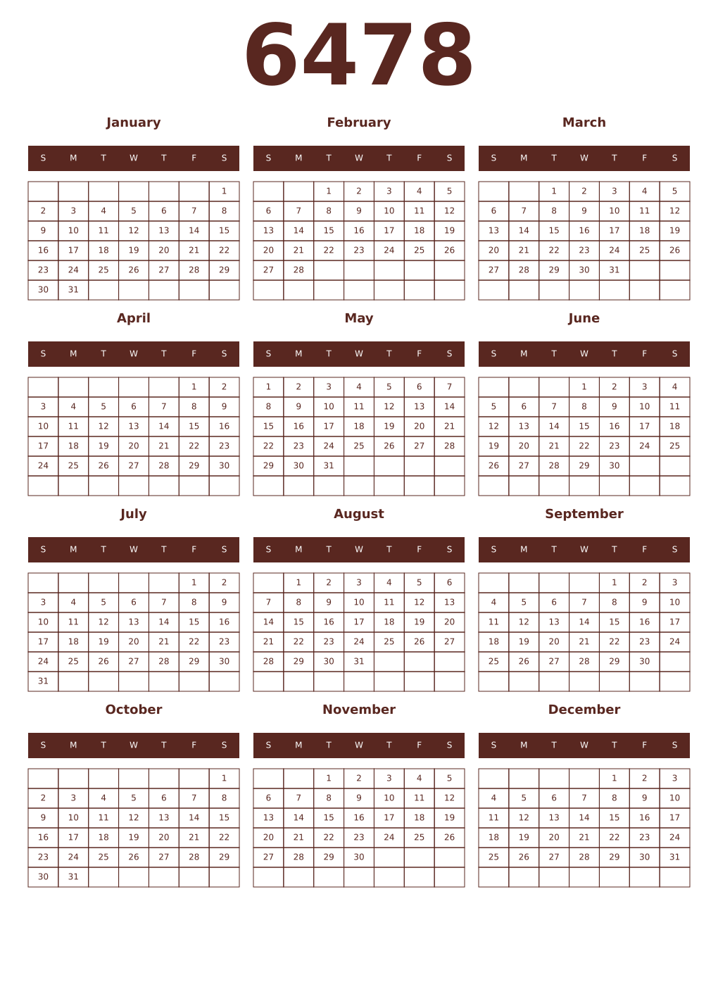 Printable 6478 Year Calendars mortuum