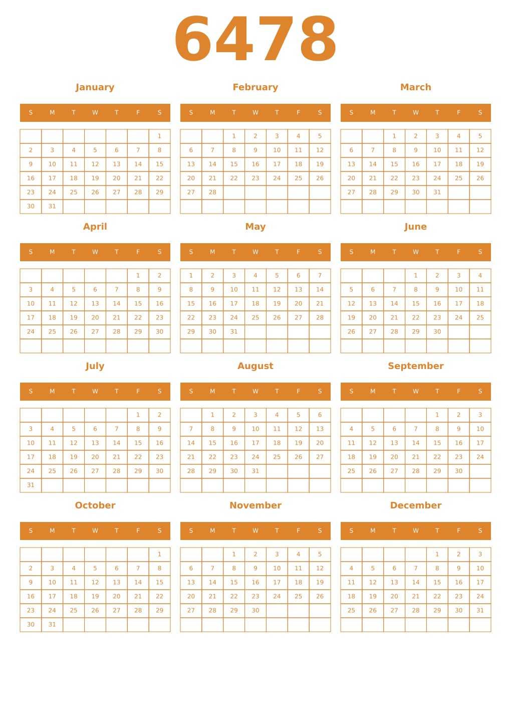 Printable 6478 Year Calendars orange