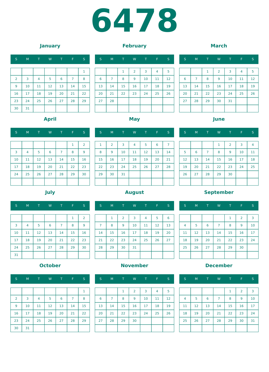 Printable 6478 Year Calendars pastel