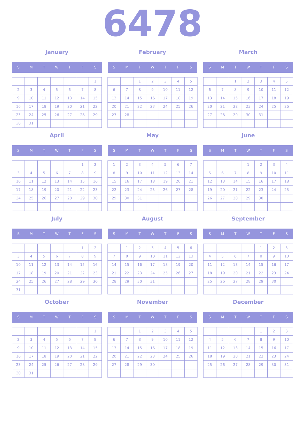 Printable 6478 Year Calendars periwinkle