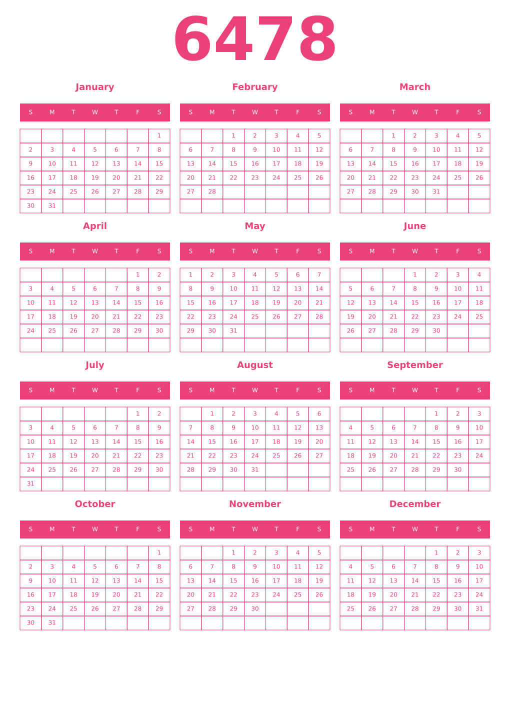 Printable 6478 Year Calendars pink
