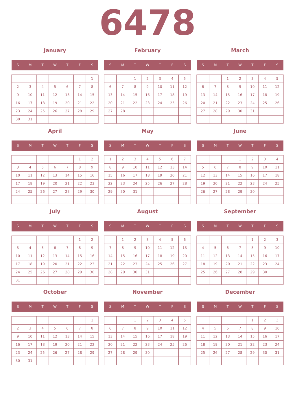 Printable 6478 Year Calendars puce