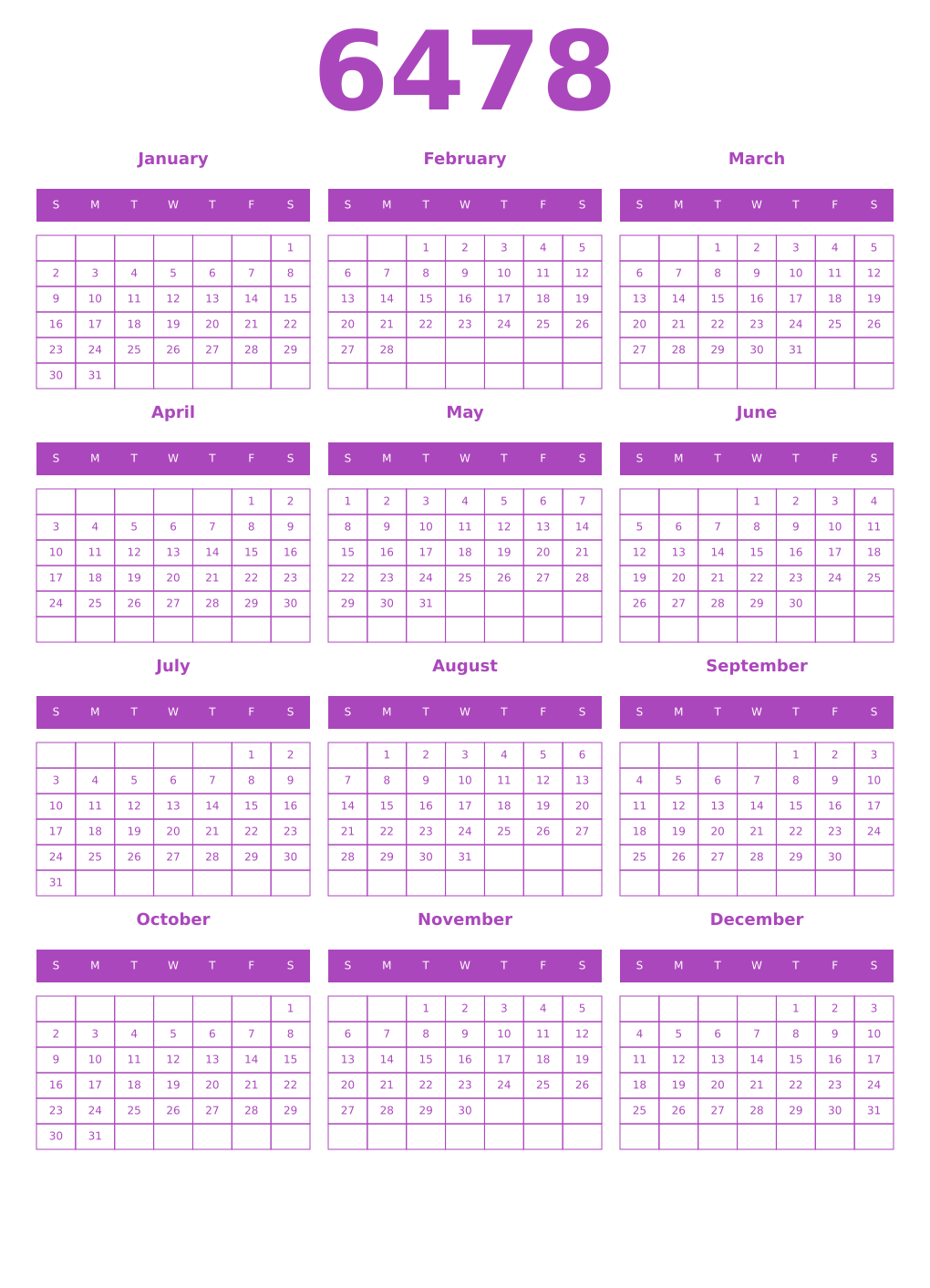 Printable 6478 Year Calendars purple