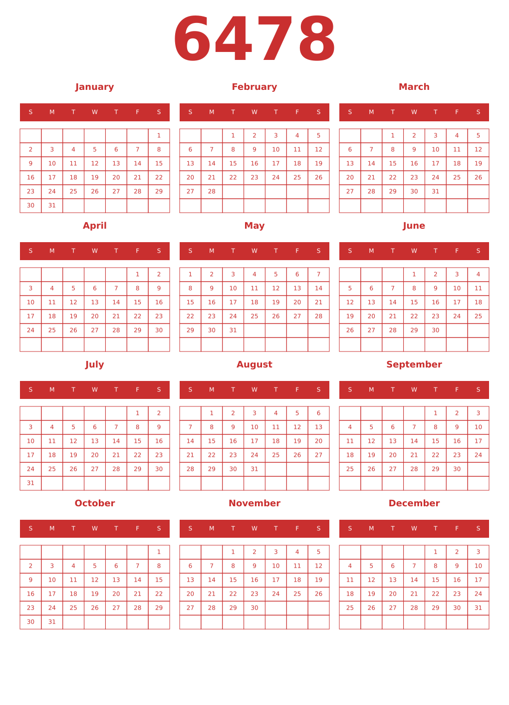 Printable 6478 Year Calendars red
