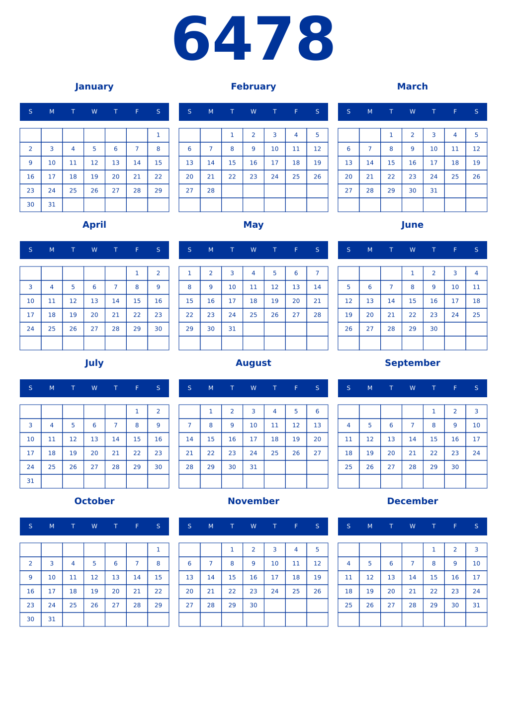 Printable 6478 Year Calendars smalt