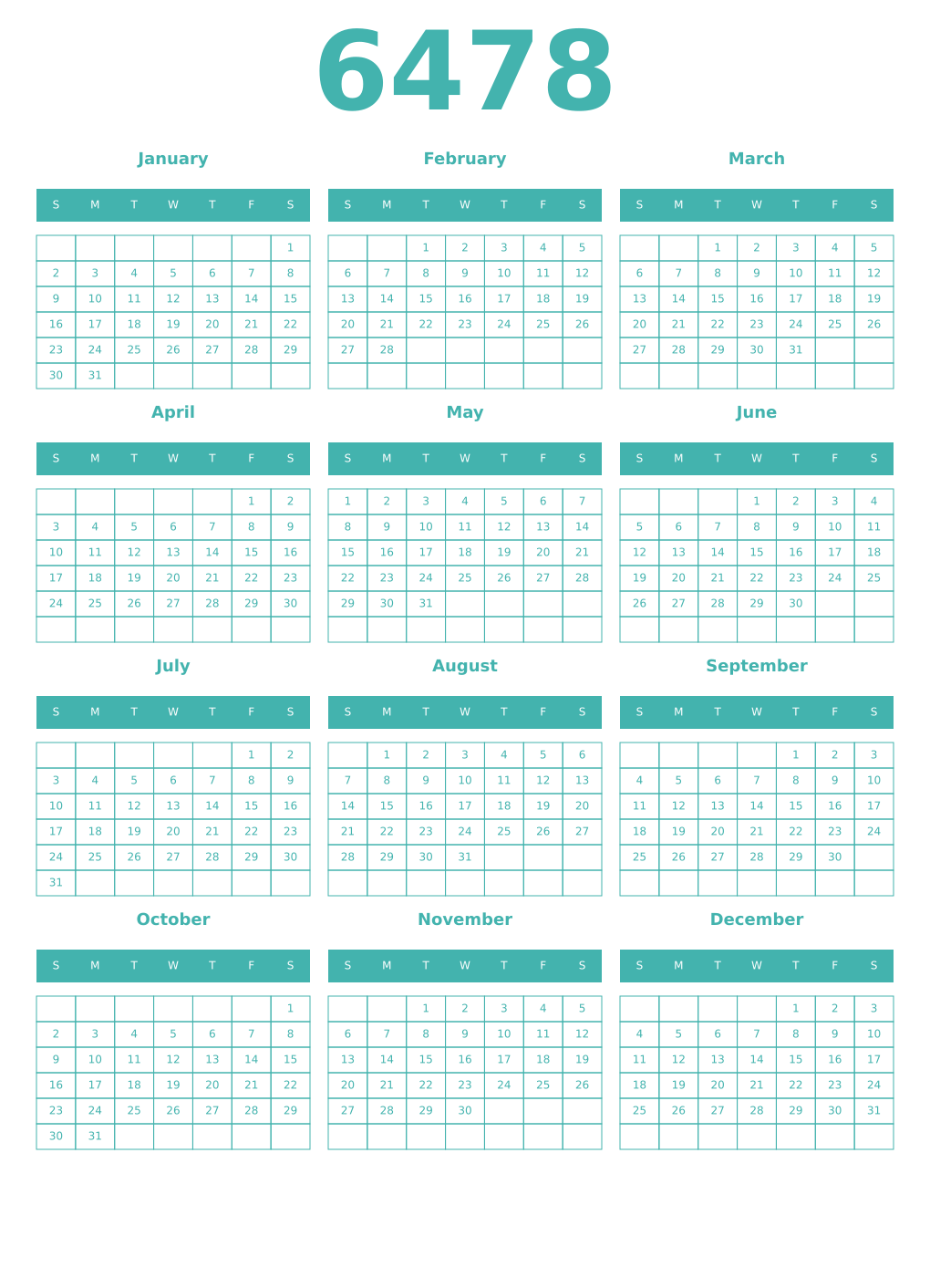 Printable 6478 Year Calendars verdigris