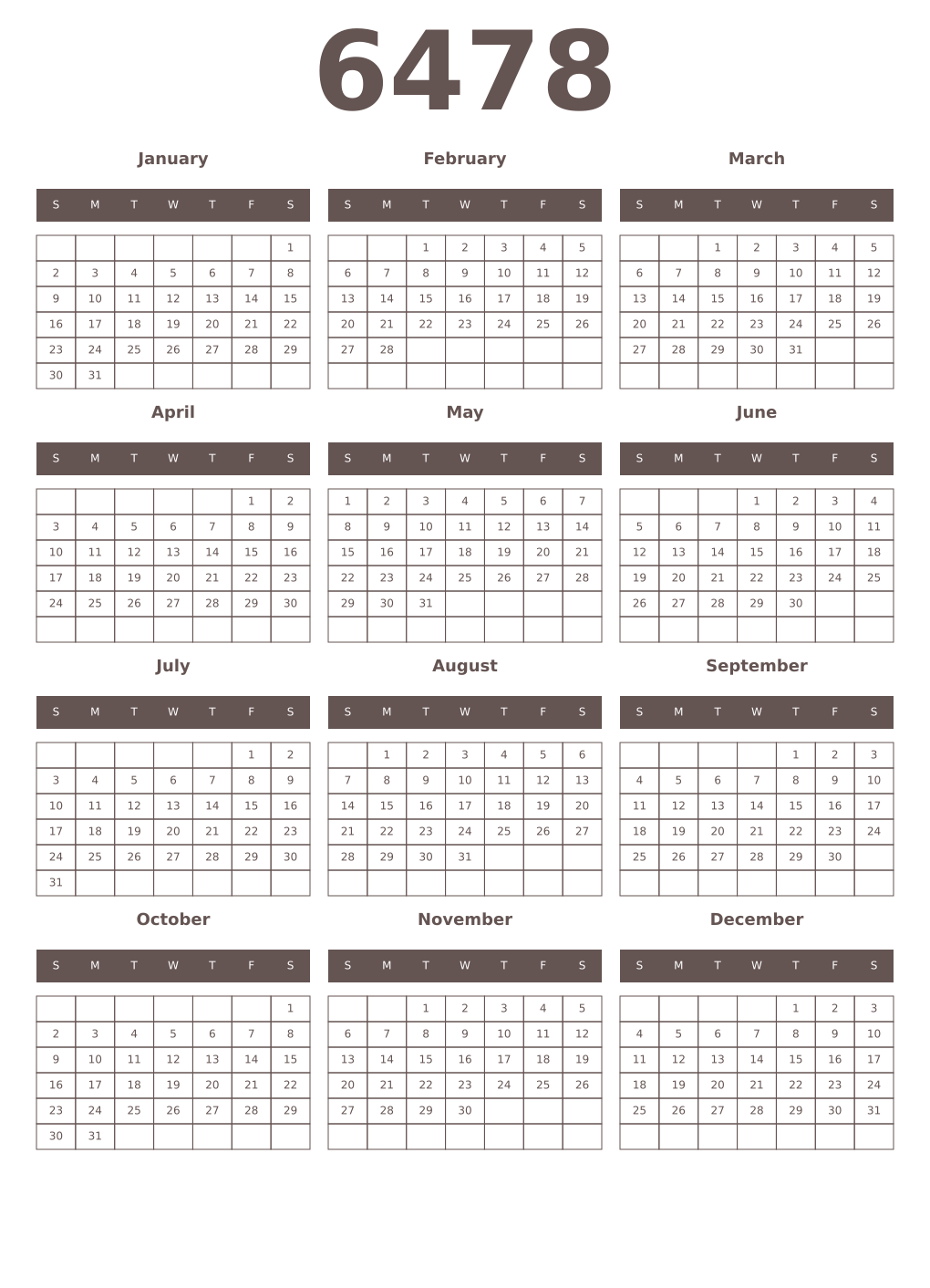 Printable 6478 Year Calendars wenge