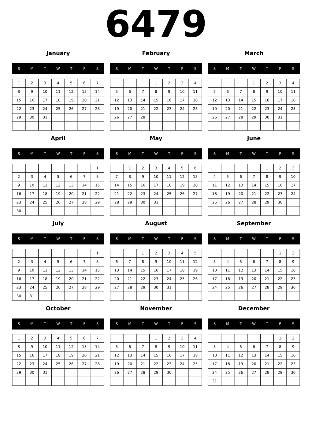 Printable 6479 Year Calendars black