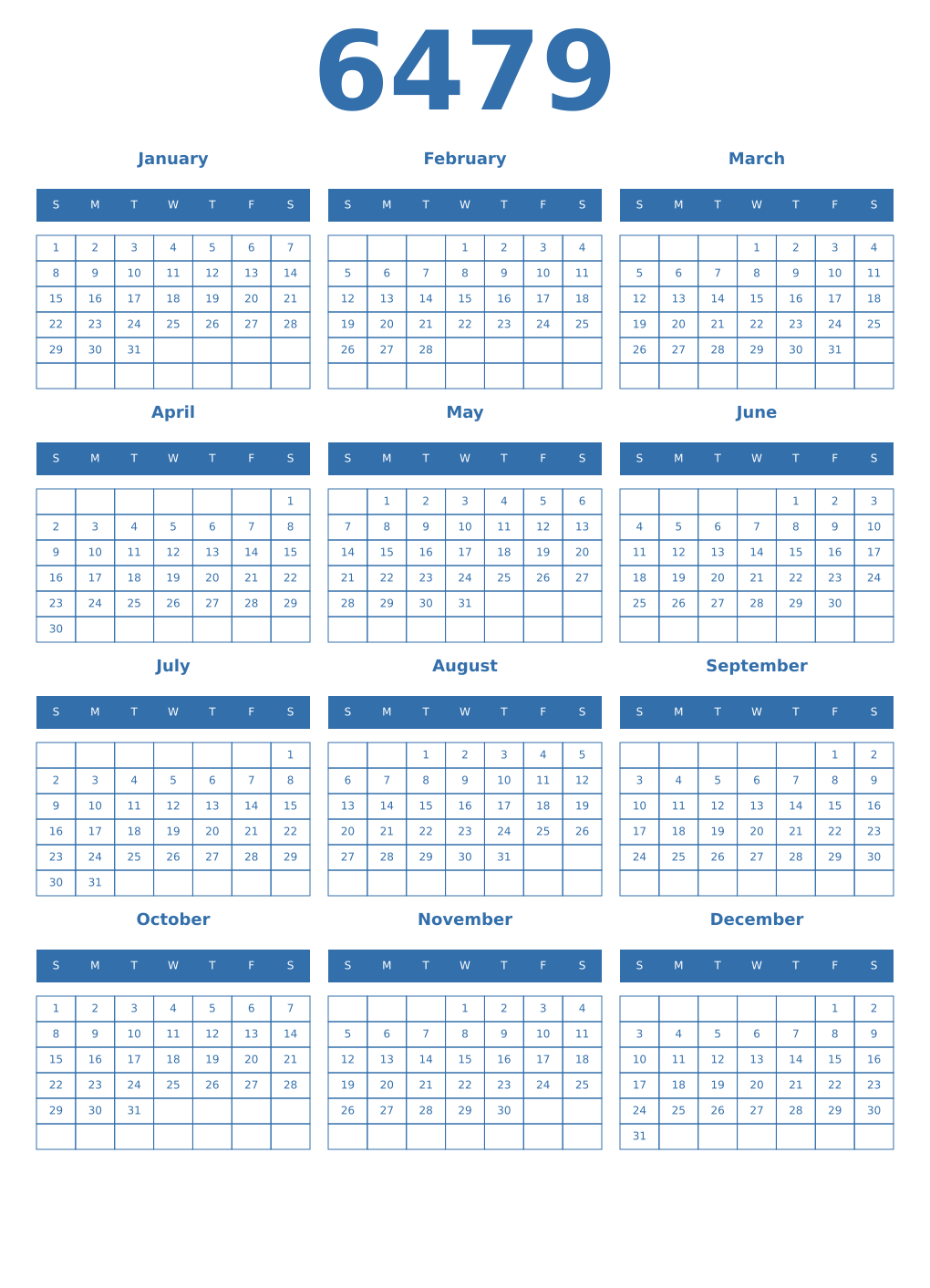 Printable 6479 Year Calendars blue
