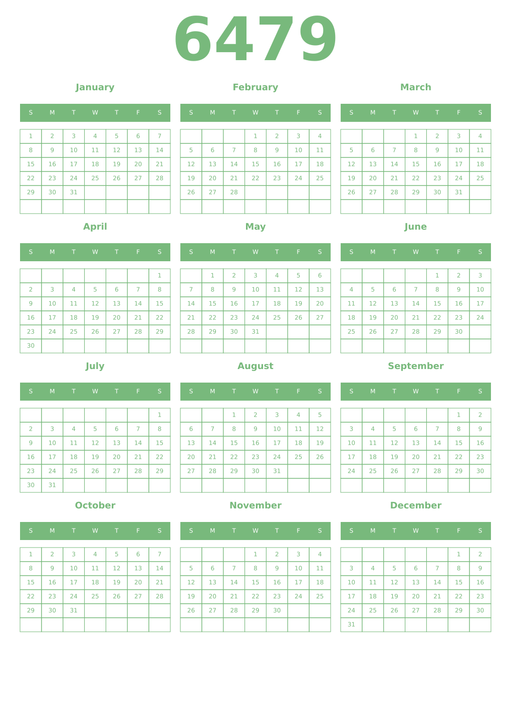 Printable 6479 Year Calendars celadon