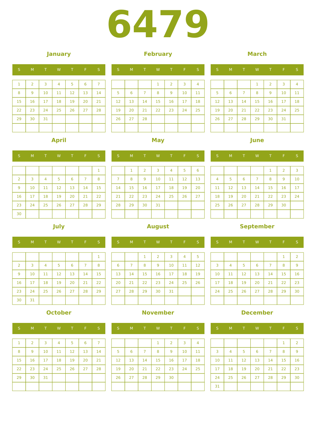 Printable 6479 Year Calendars chartreuse