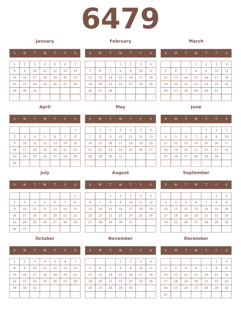 Printable 6479 Year Calendars coffe