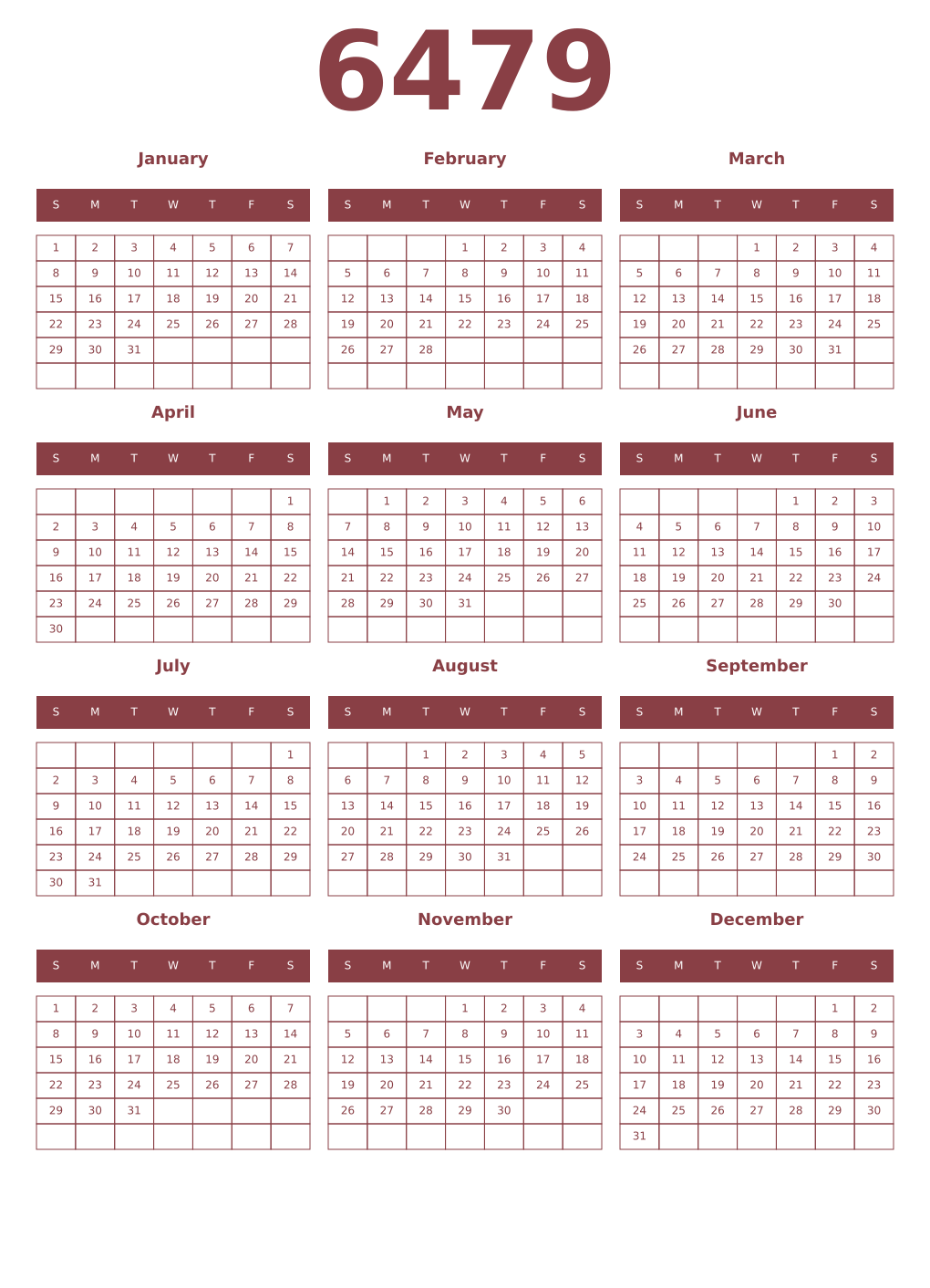 Printable 6479 Year Calendars cordovan