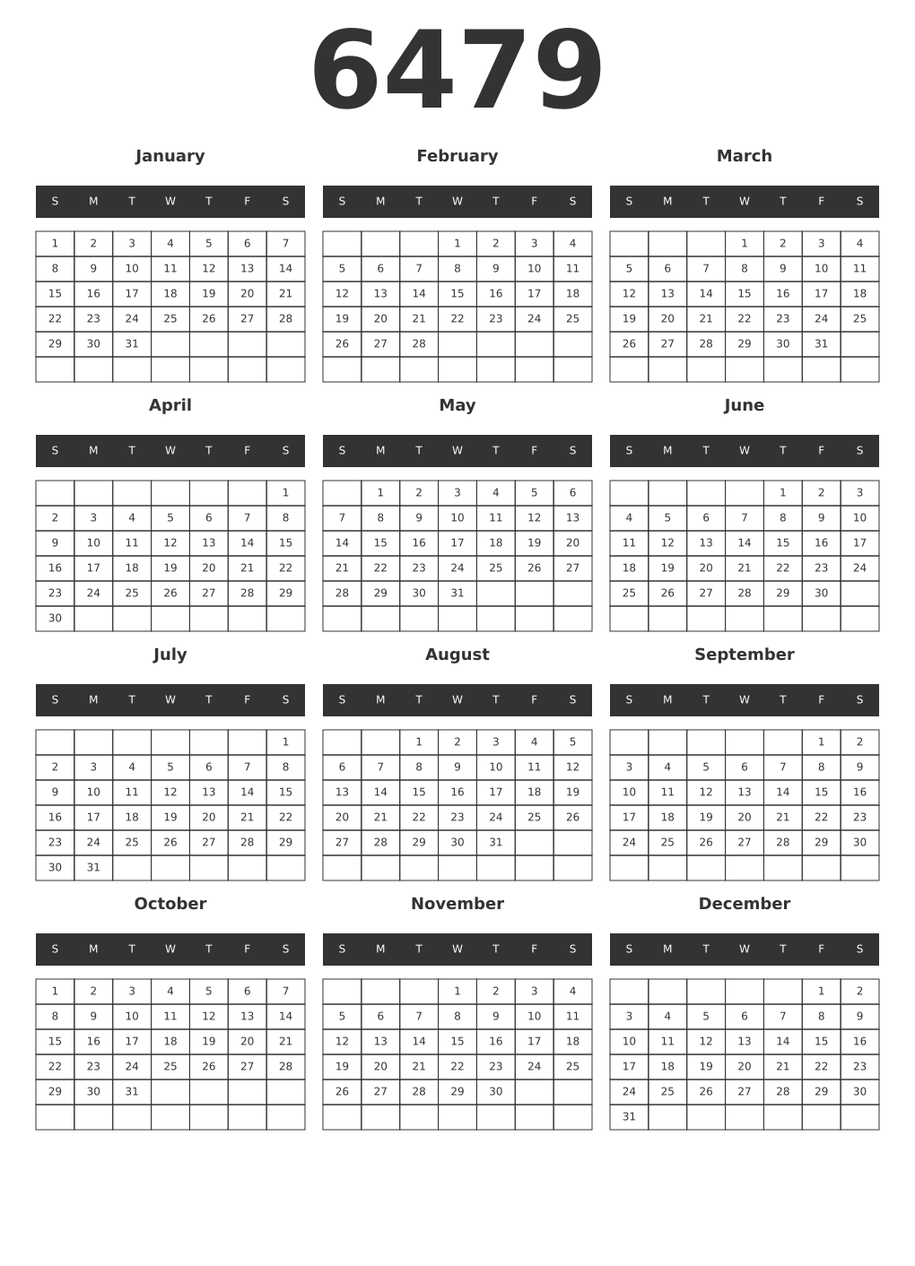 Printable 6479 Year Calendars dark
