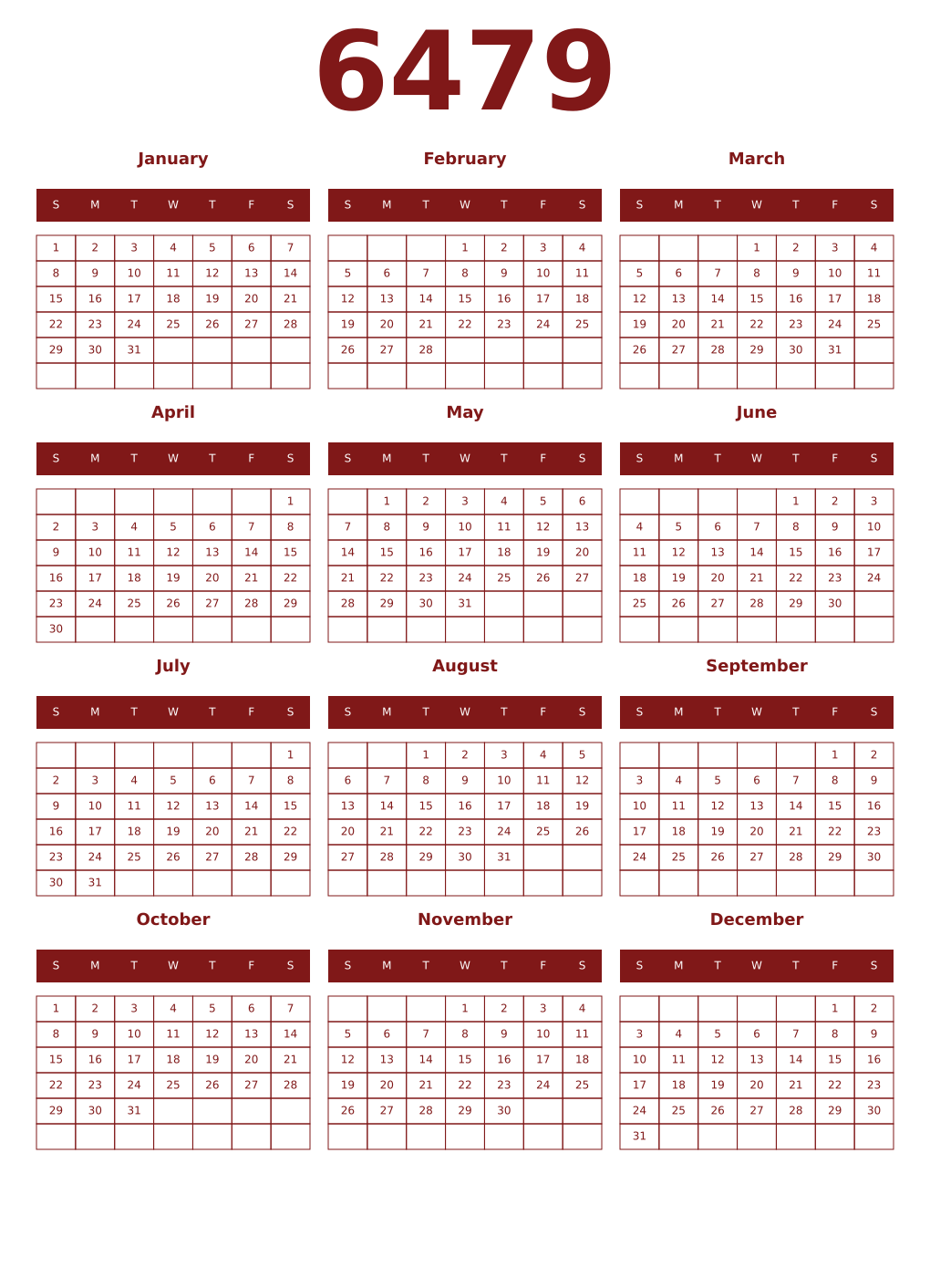 Printable 6479 Year Calendars falu