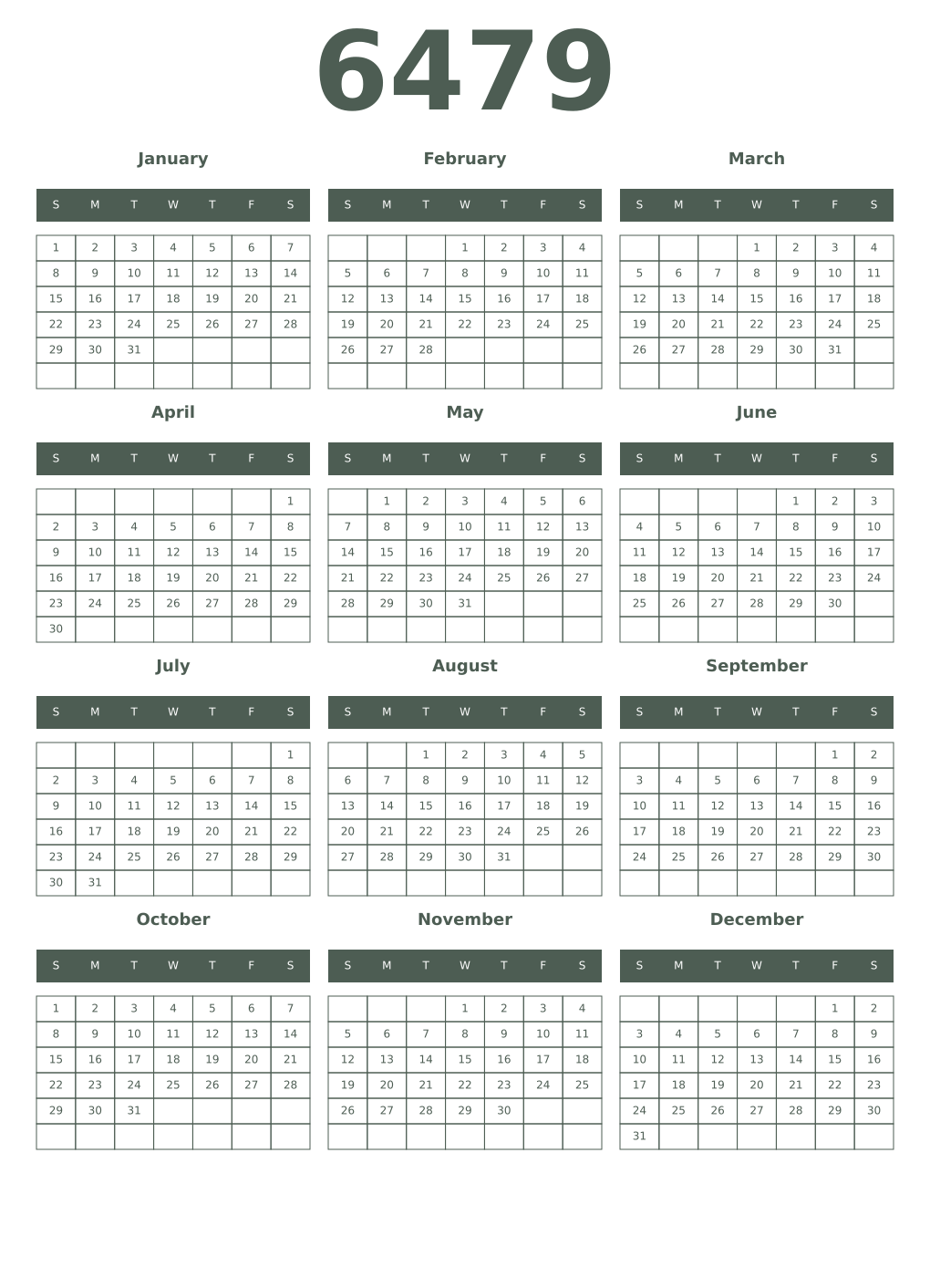 Printable 6479 Year Calendars feldgrau