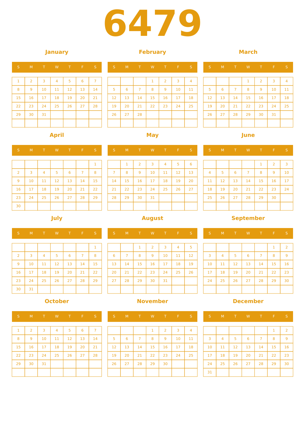 Printable 6479 Year Calendars gamboge