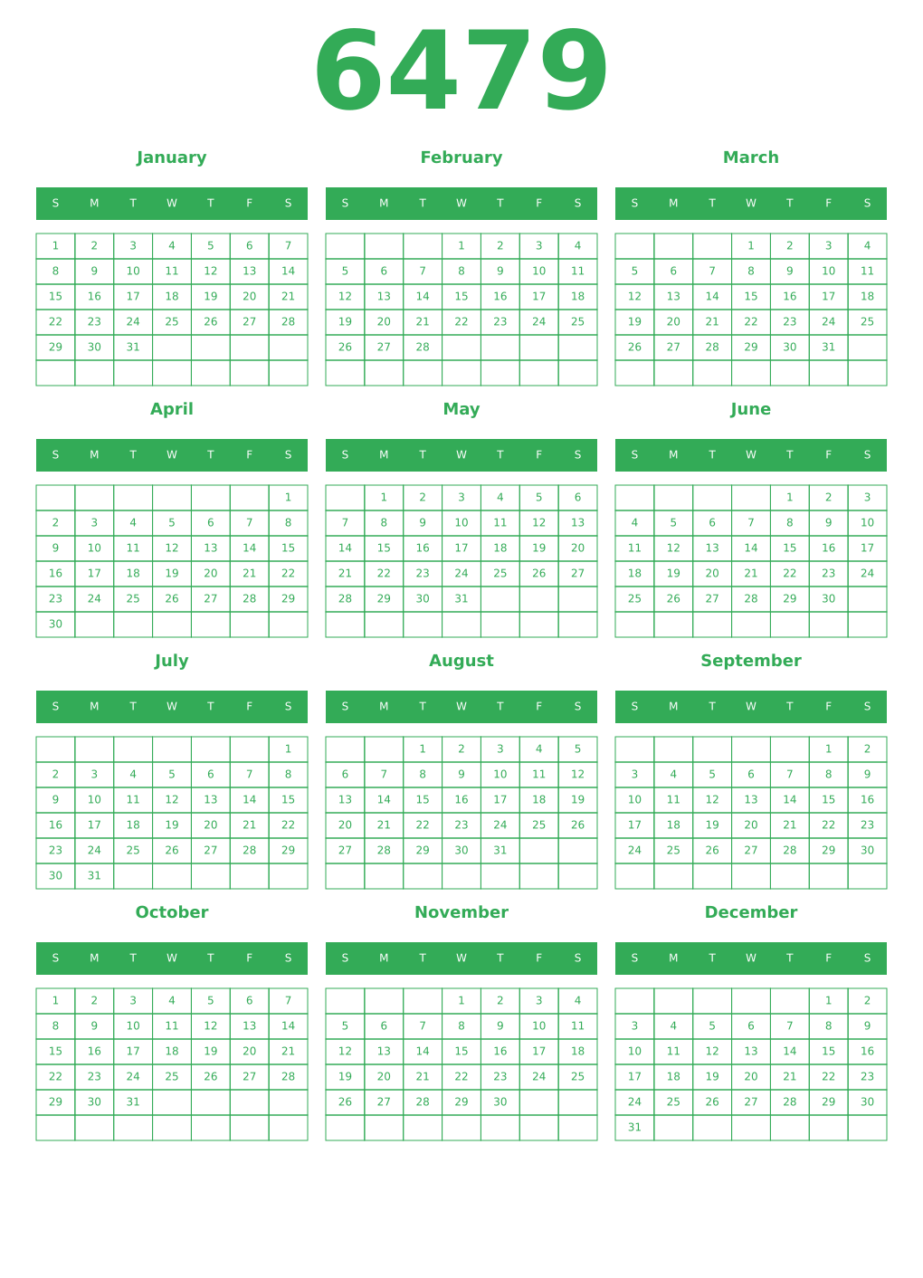 Printable 6479 Year Calendars green