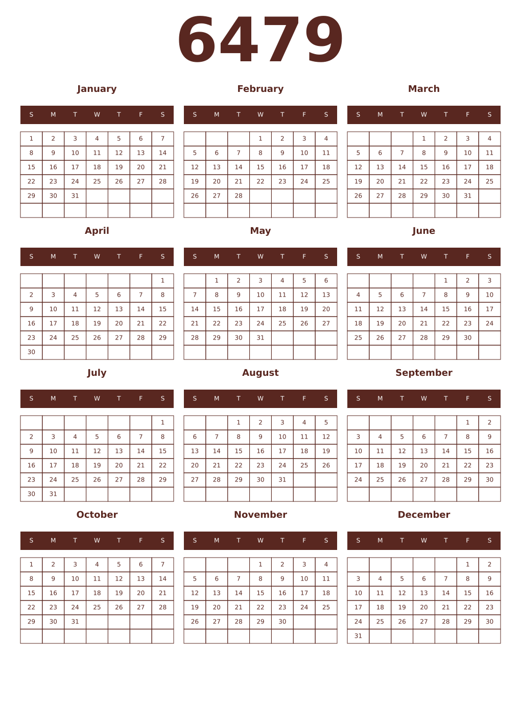 Printable 6479 Year Calendars mortuum