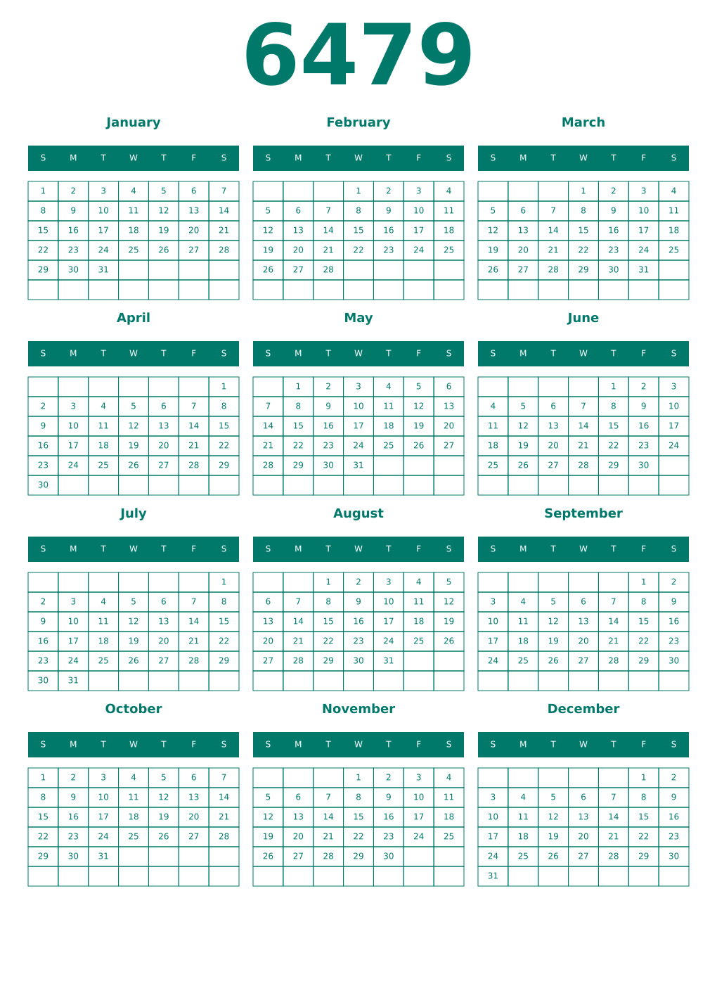 Printable 6479 Year Calendars pastel