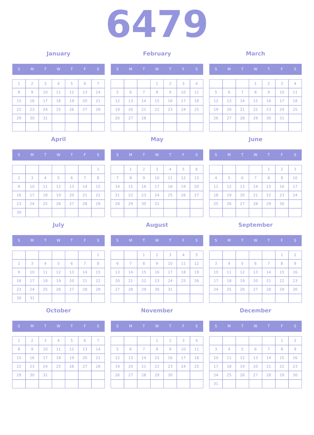 Printable 6479 Year Calendars periwinkle