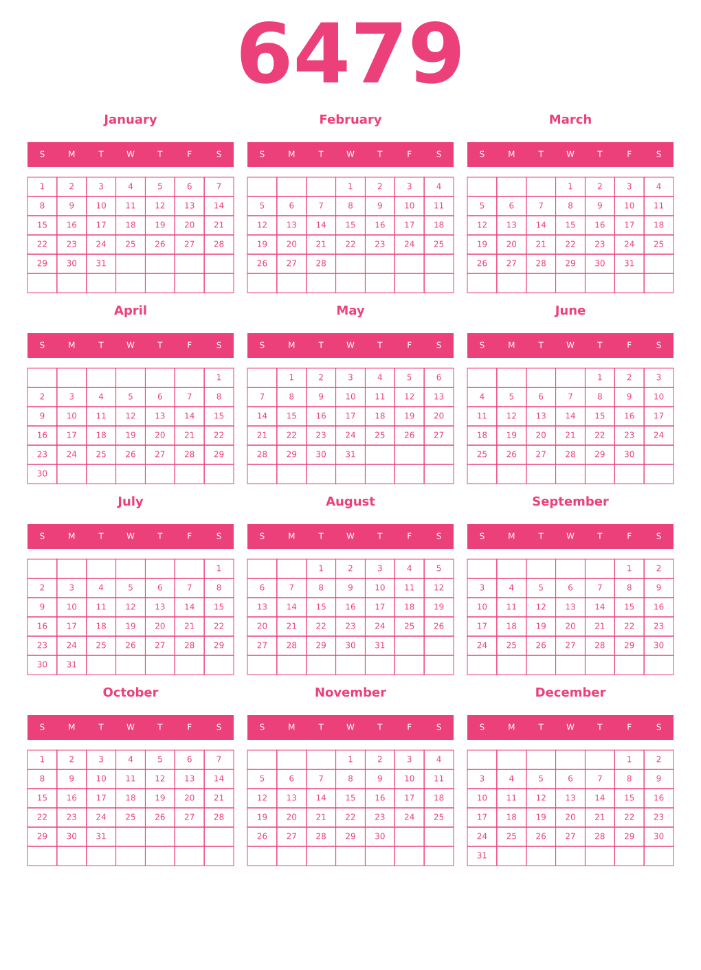 Printable 6479 Year Calendars pink