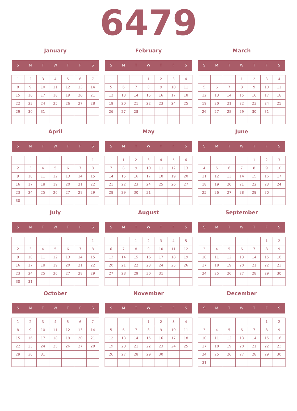 Printable 6479 Year Calendars puce