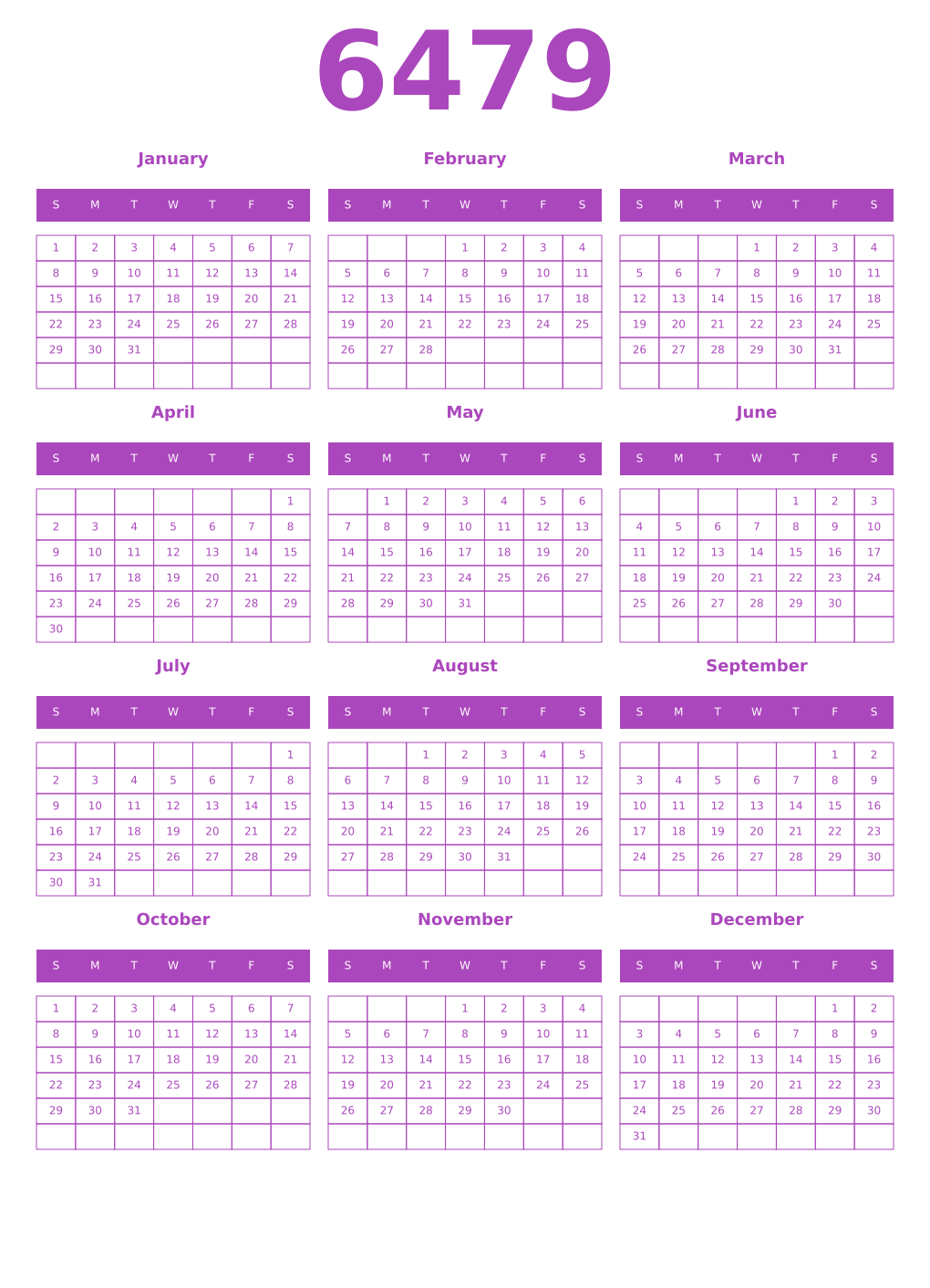 Printable 6479 Year Calendars purple