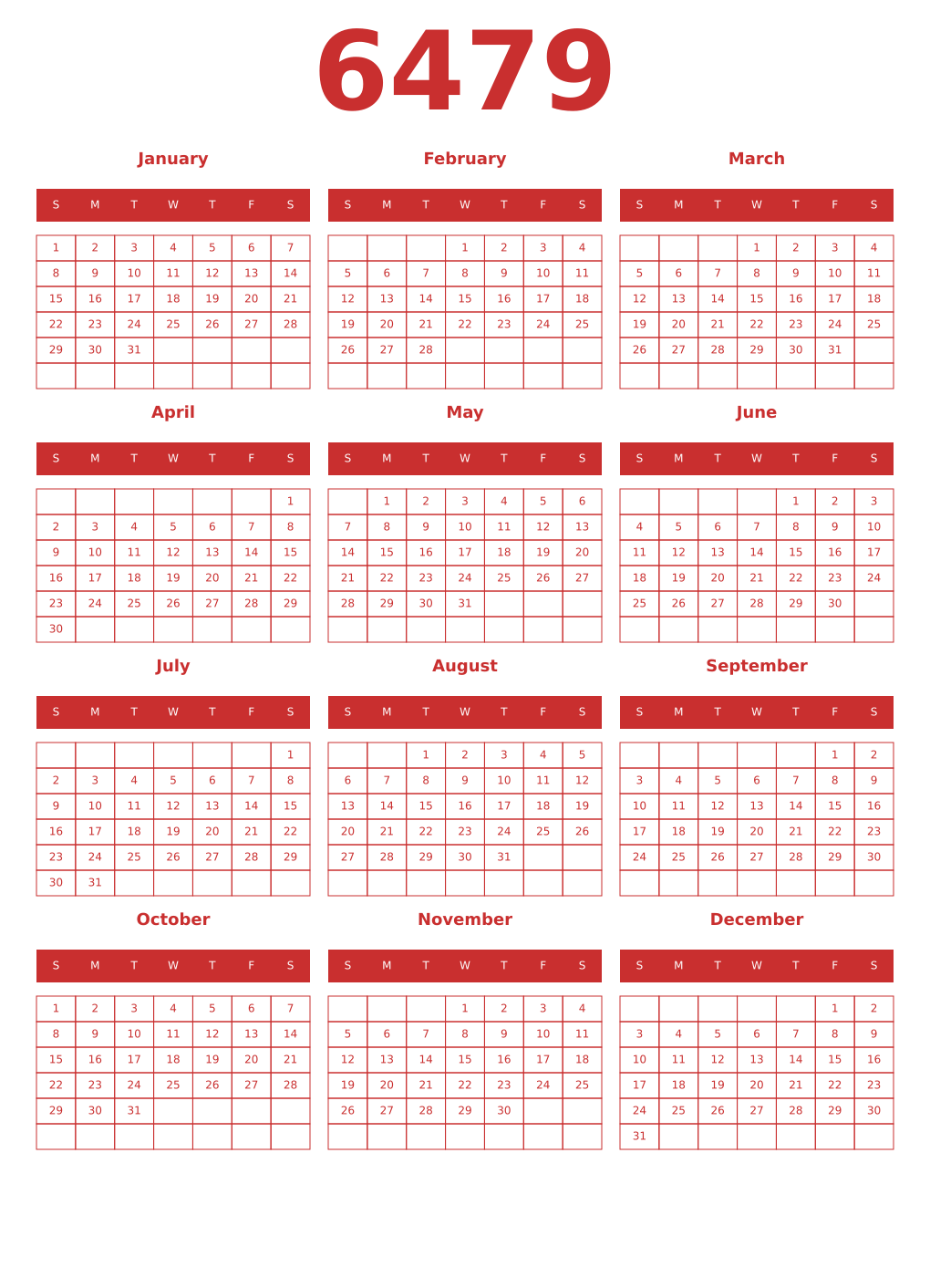 Printable 6479 Year Calendars red