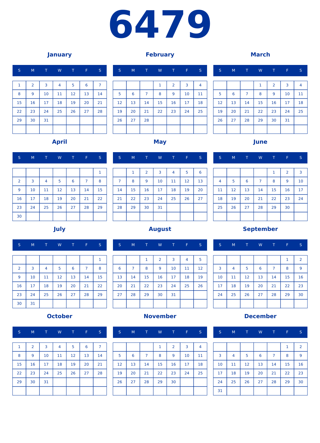 Printable 6479 Year Calendars smalt