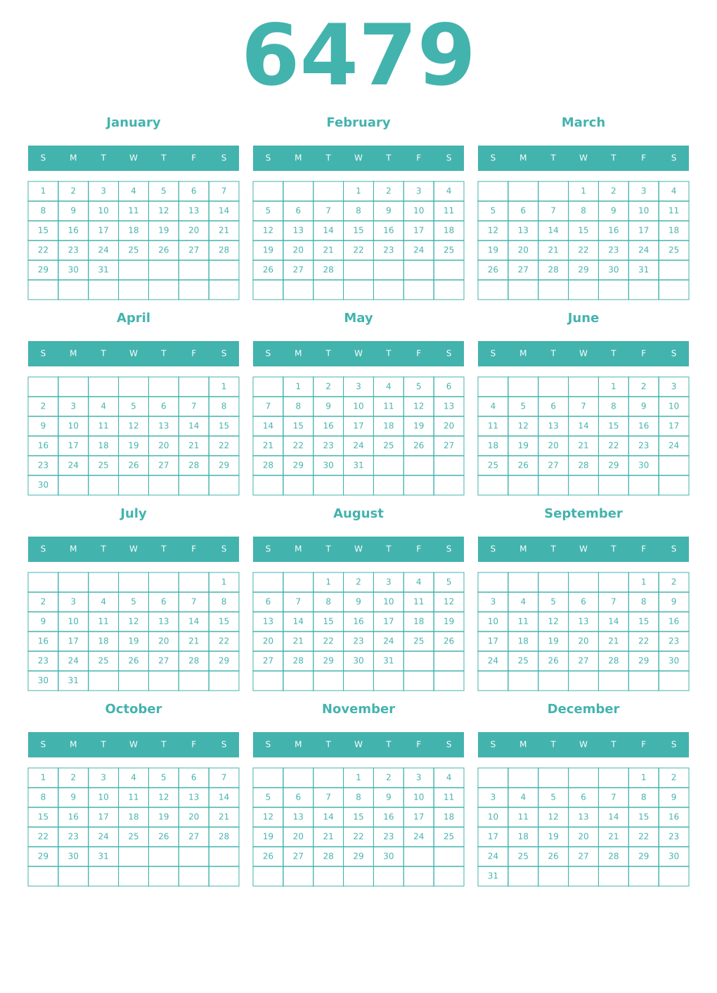 Printable 6479 Year Calendars verdigris