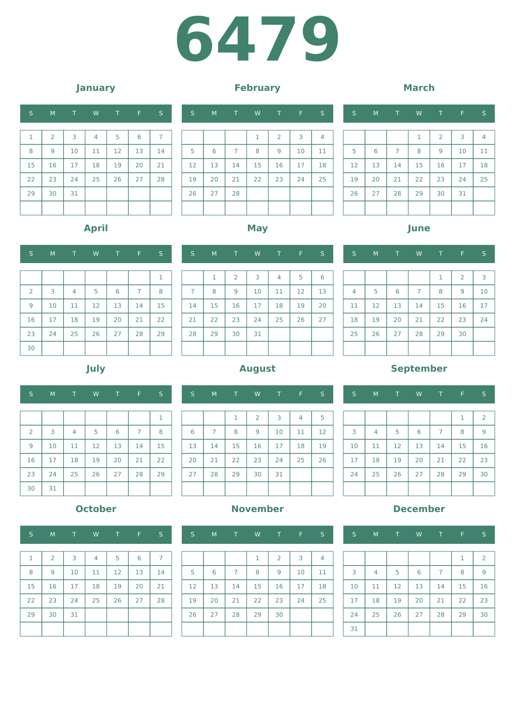 Printable 6479 Year Calendars viridian