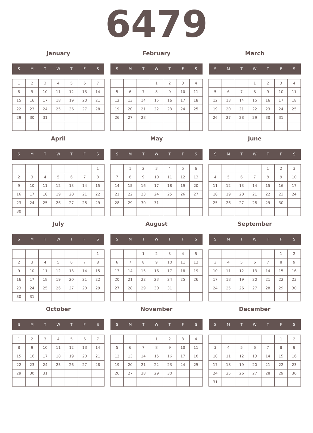 Printable 6479 Year Calendars wenge