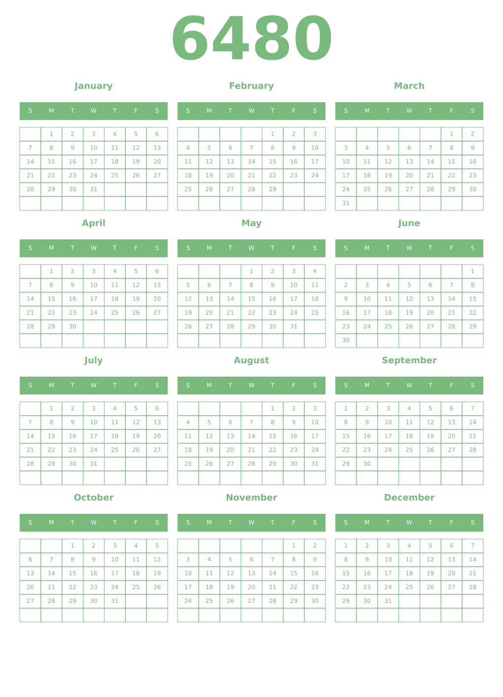 Printable 6480 Year Calendars celadon
