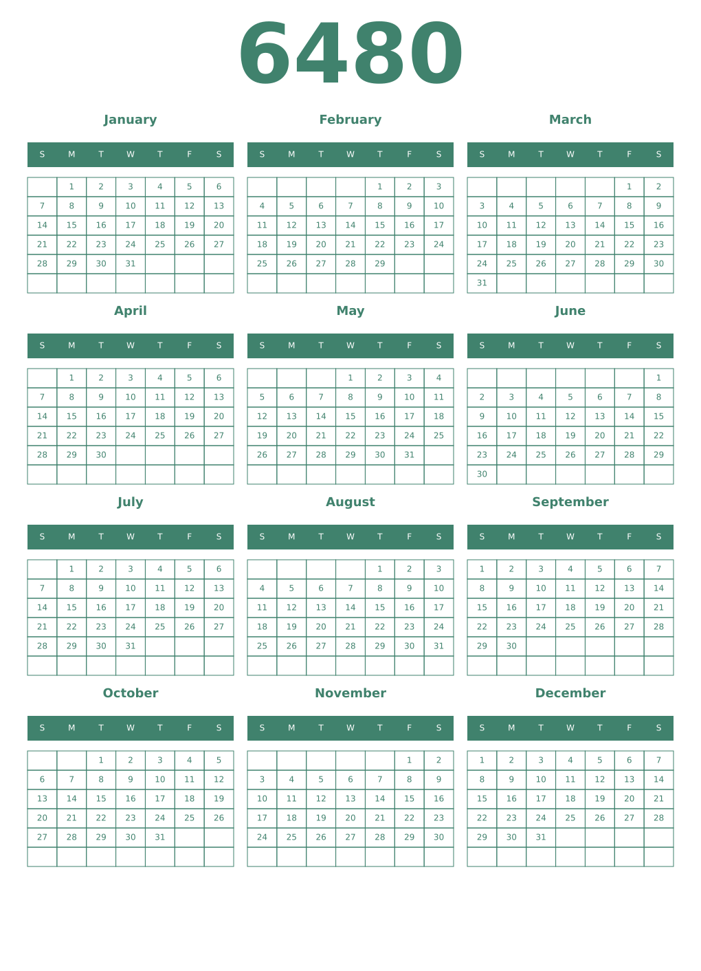 Printable 6480 Year Calendars viridian