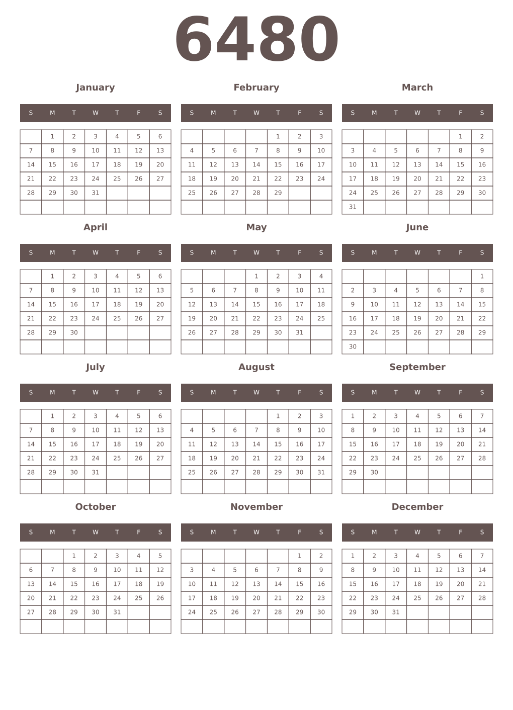 Printable 6480 Year Calendars wenge