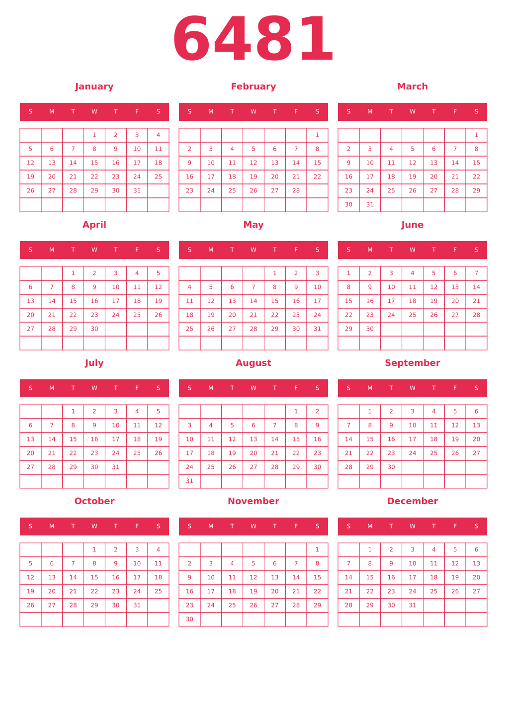 Printable 6481 Year Calendars amaranth