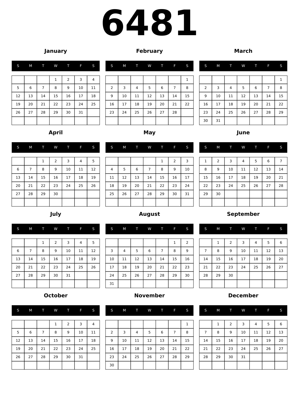 Printable 6481 Year Calendars black