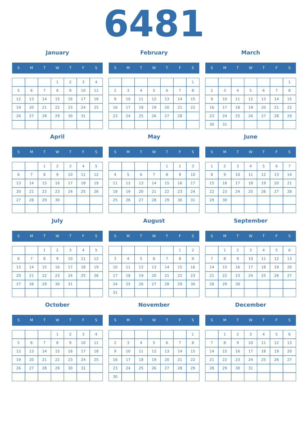 Printable 6481 Year Calendars blue