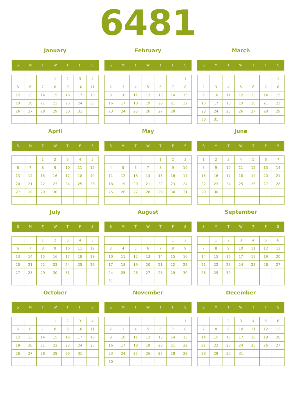 Printable 6481 Year Calendars chartreuse
