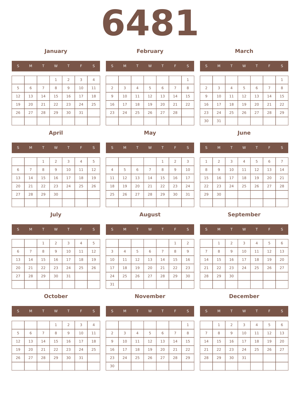 Printable 6481 Year Calendars coffe