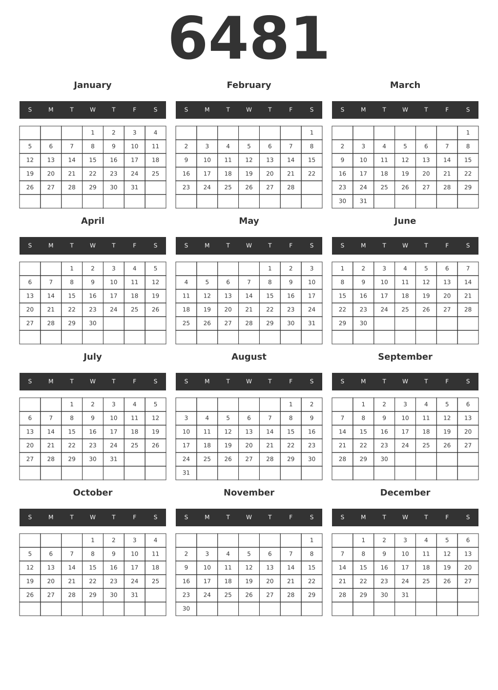 Printable 6481 Year Calendars dark