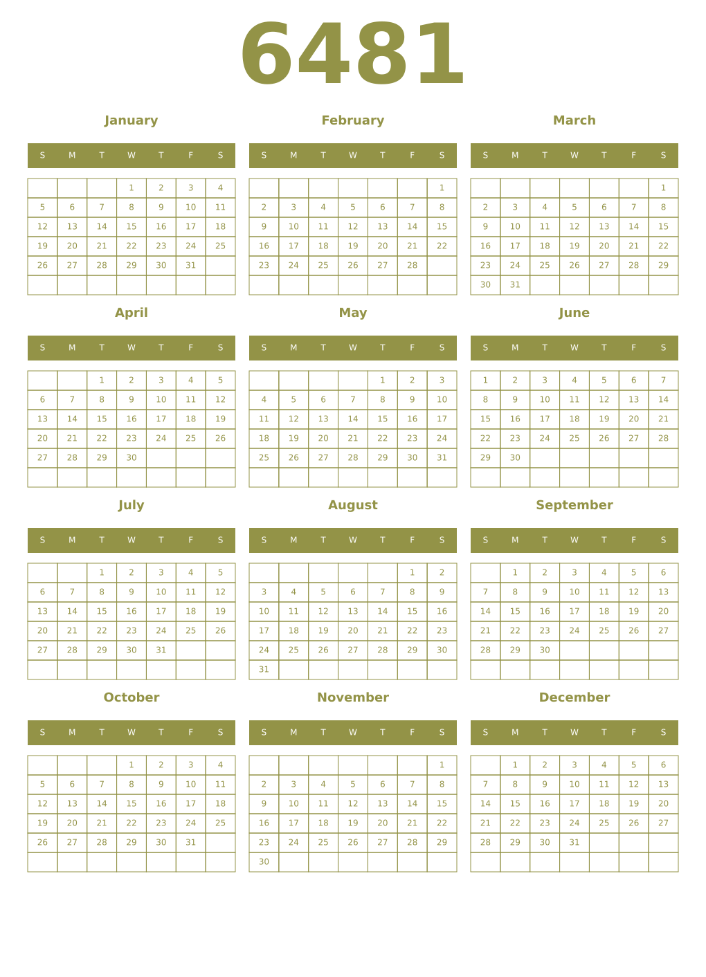 Printable 6481 Year Calendars eburnean