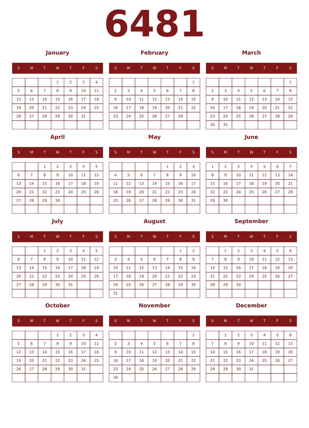 Printable 6481 Year Calendars falu