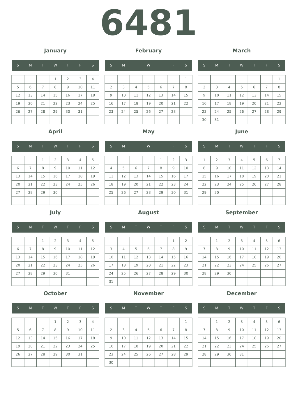 Printable 6481 Year Calendars feldgrau