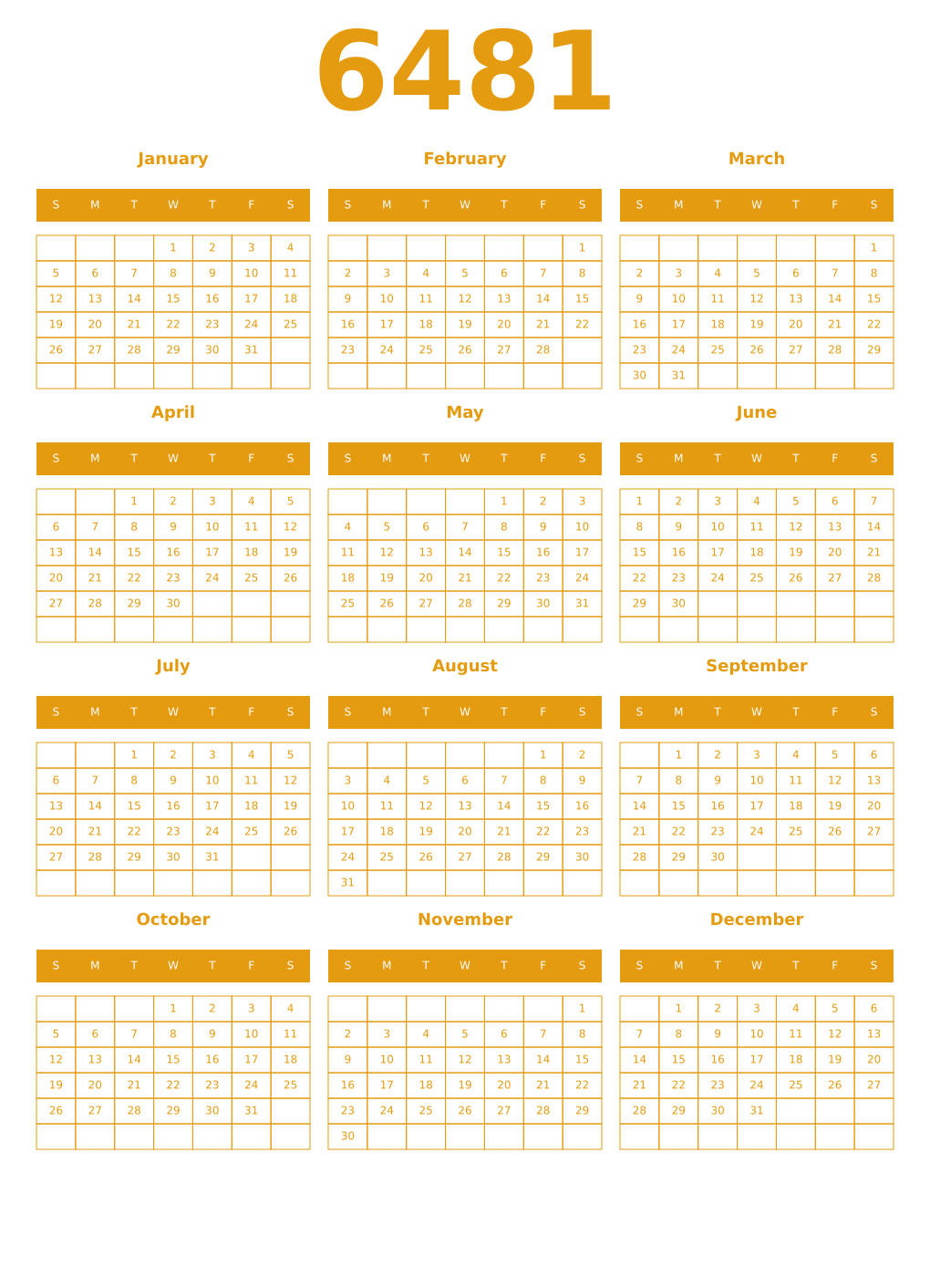 Printable 6481 Year Calendars gamboge