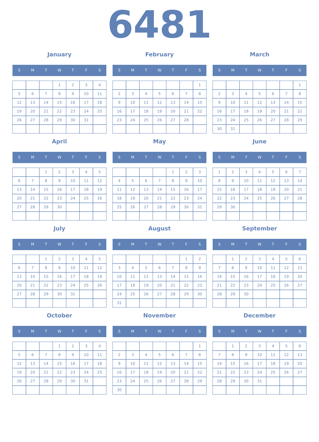 Printable 6481 Year Calendars glaucous