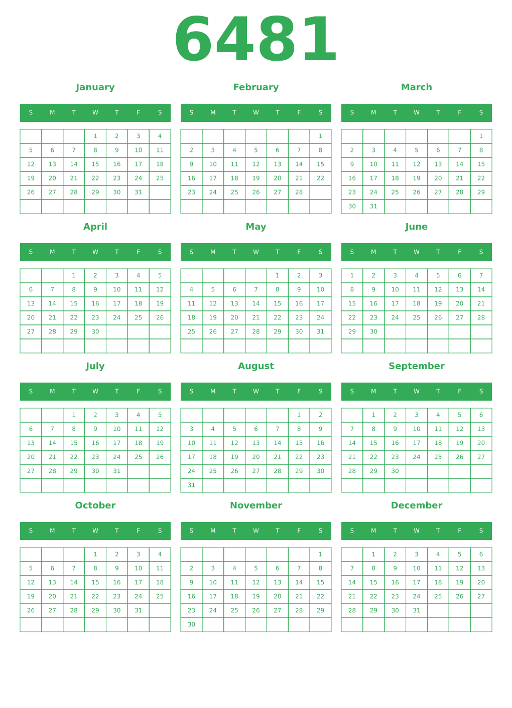 Printable 6481 Year Calendars green