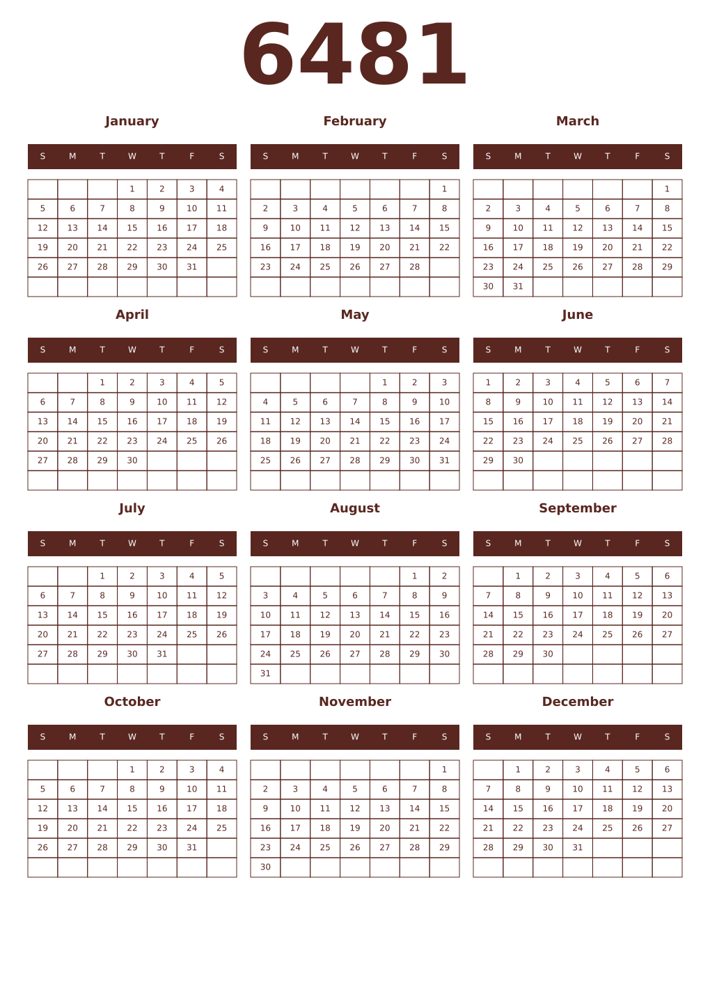 Printable 6481 Year Calendars mortuum